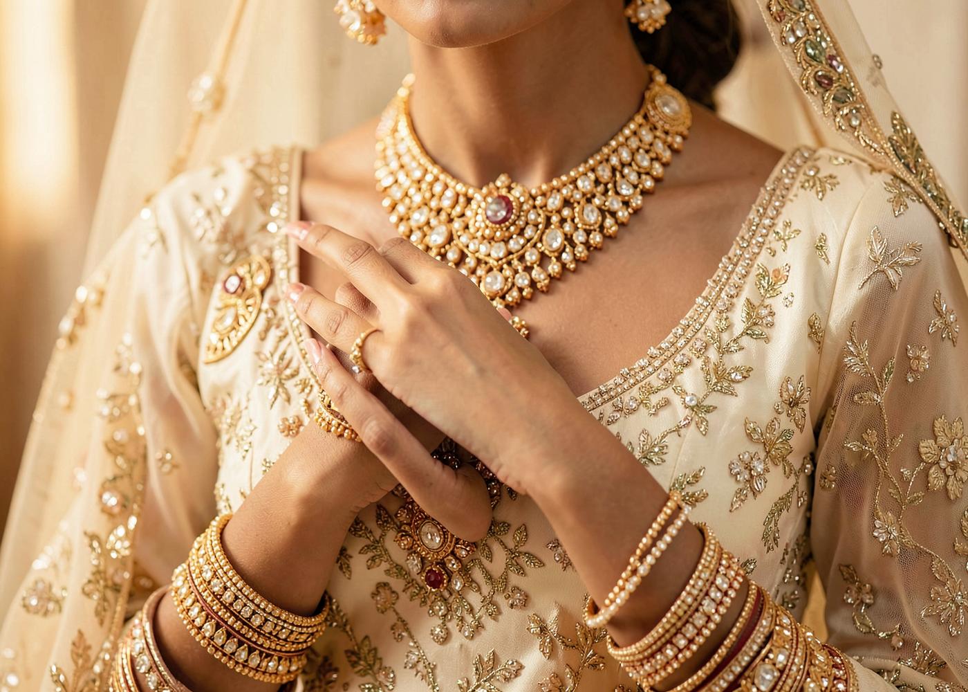 Bride wearing an ornate gold bridal jewellery set