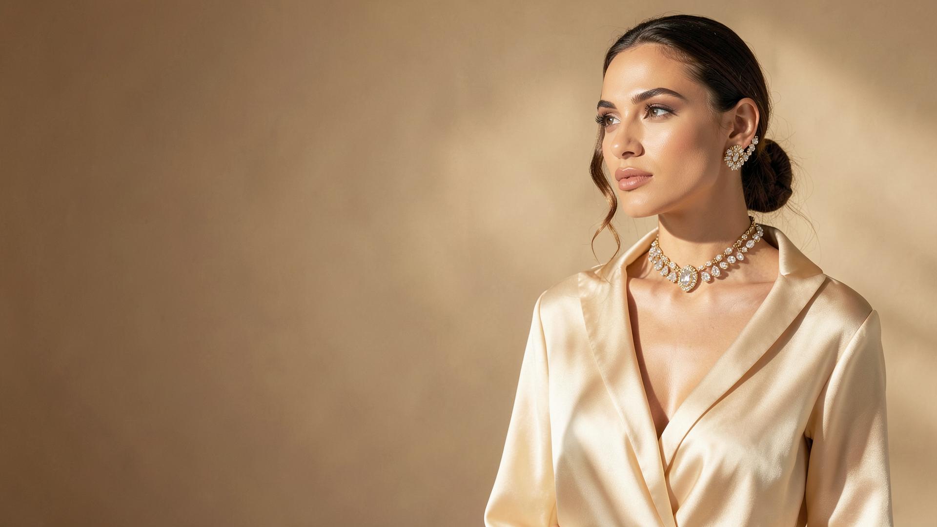Model wearing a gold and diamond necklace from Kanak Kala