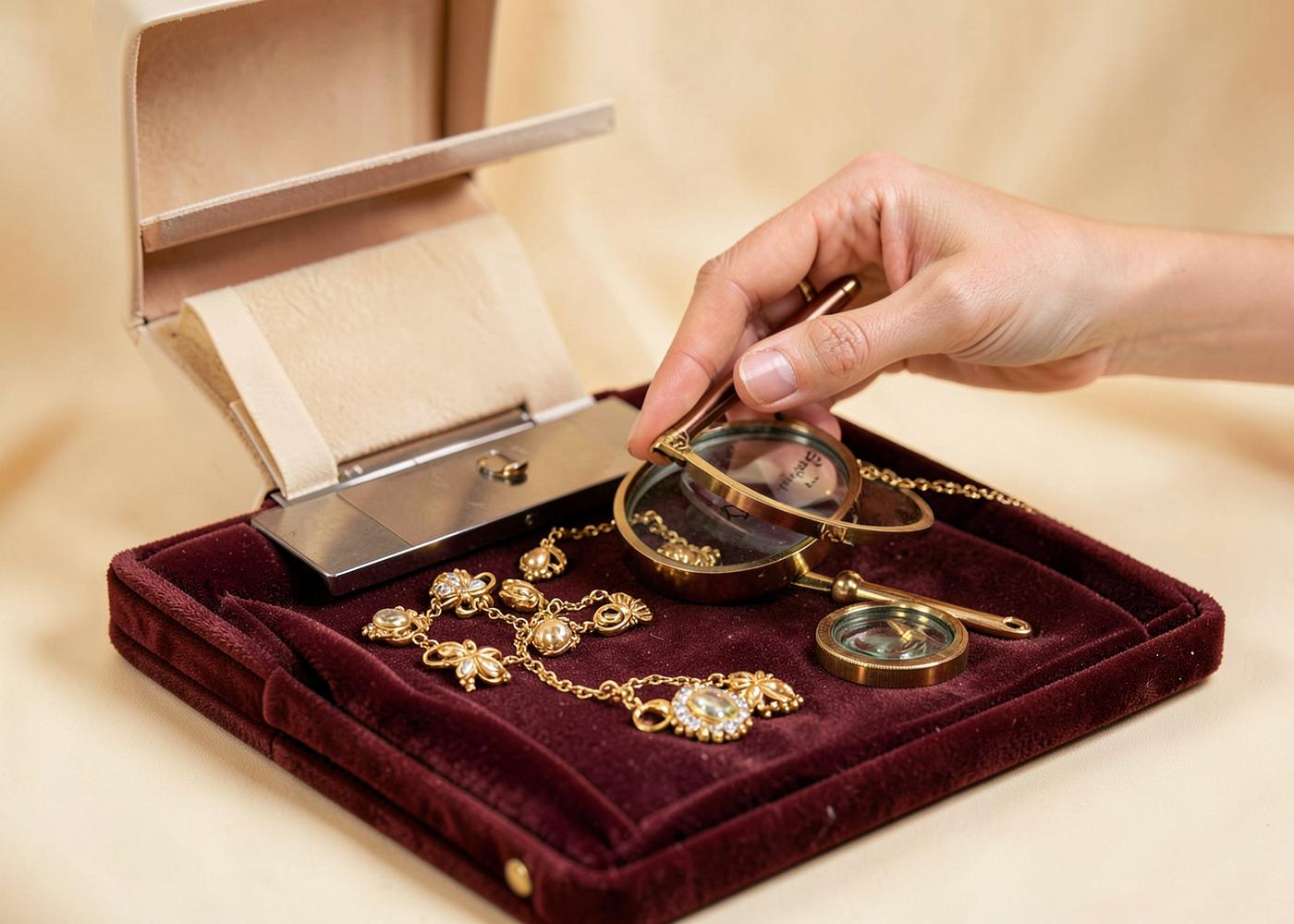 Jeweller valuing old gold jewellery with a loupe